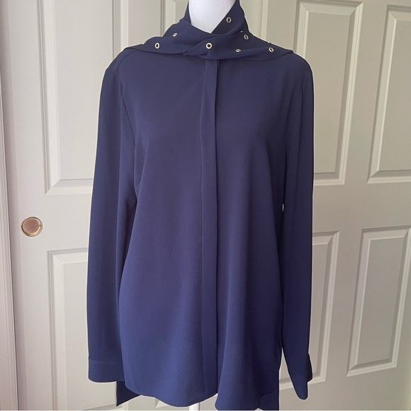 NWOT Michael Kors Navy Blue Tie Neck Blouse - Picture 5 of 13